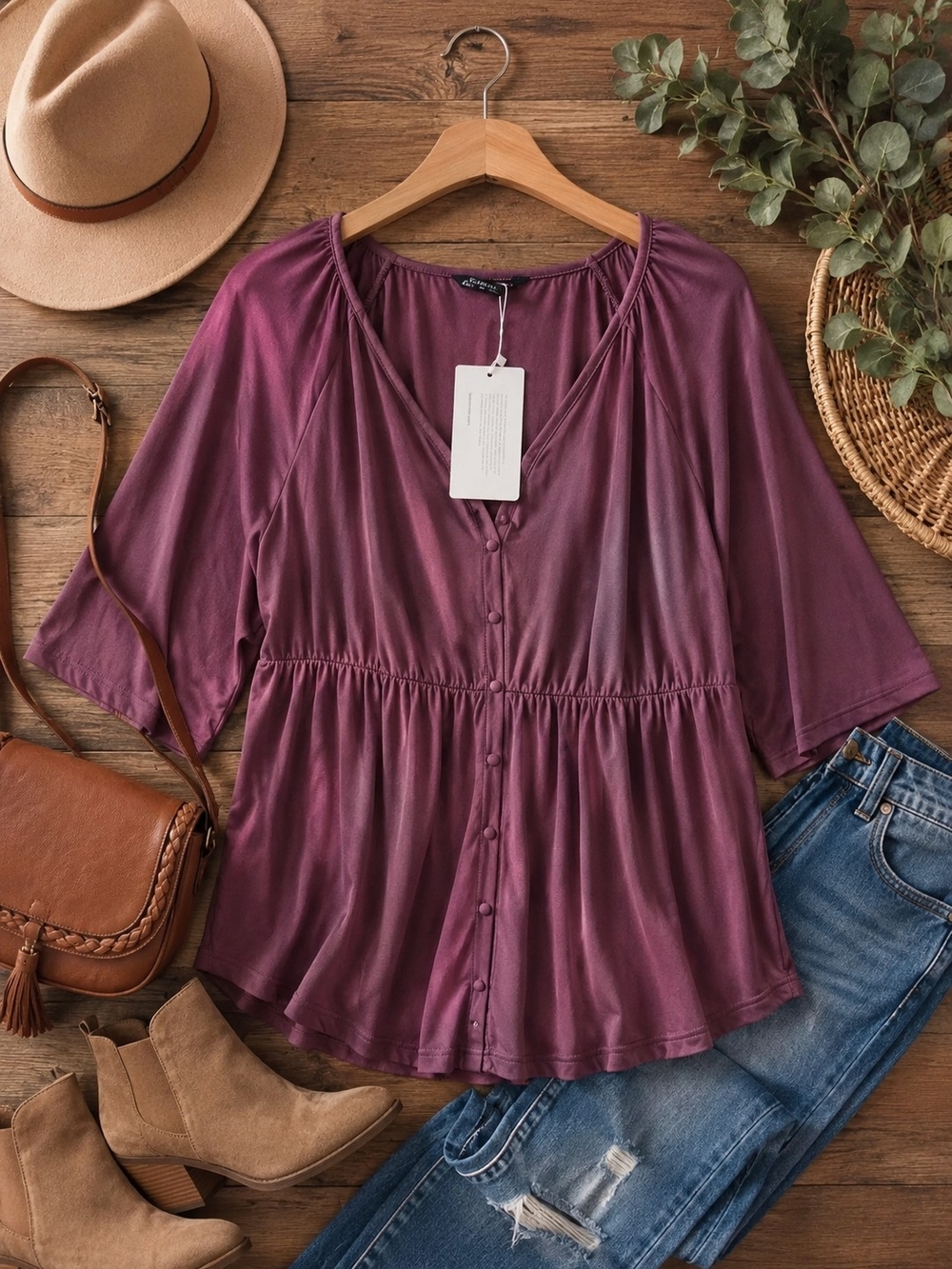 BloomChic NWT Plus Size 14/16 Mauve Boho Babydoll Peplum Blouse
